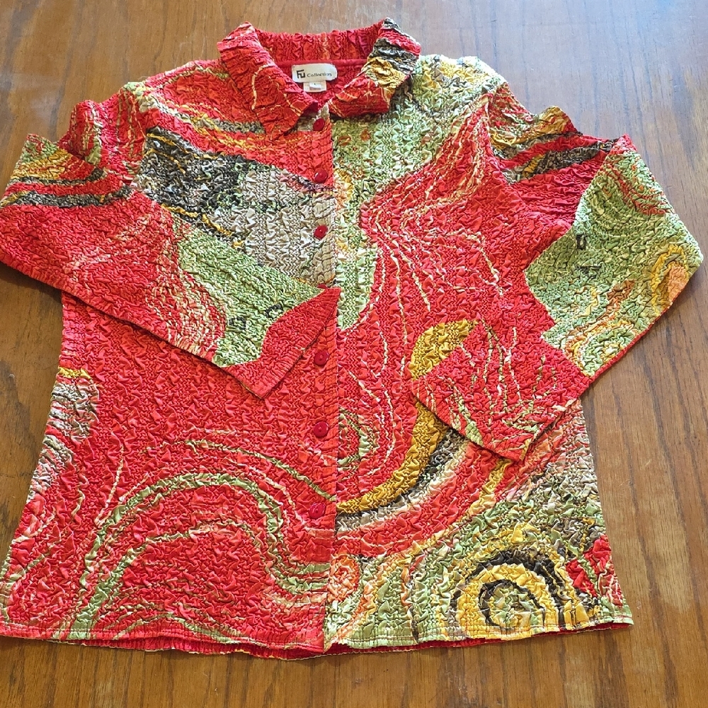 FU Collection Multicolor Vibrant Textured Blouse w/a mix of red, green, yellow